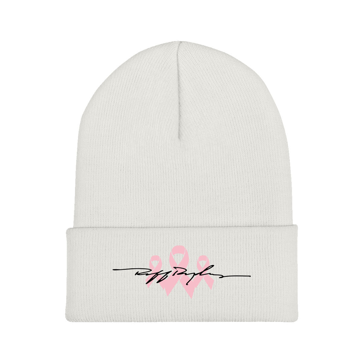 RR Signature Pink Ribbon Beanie - White